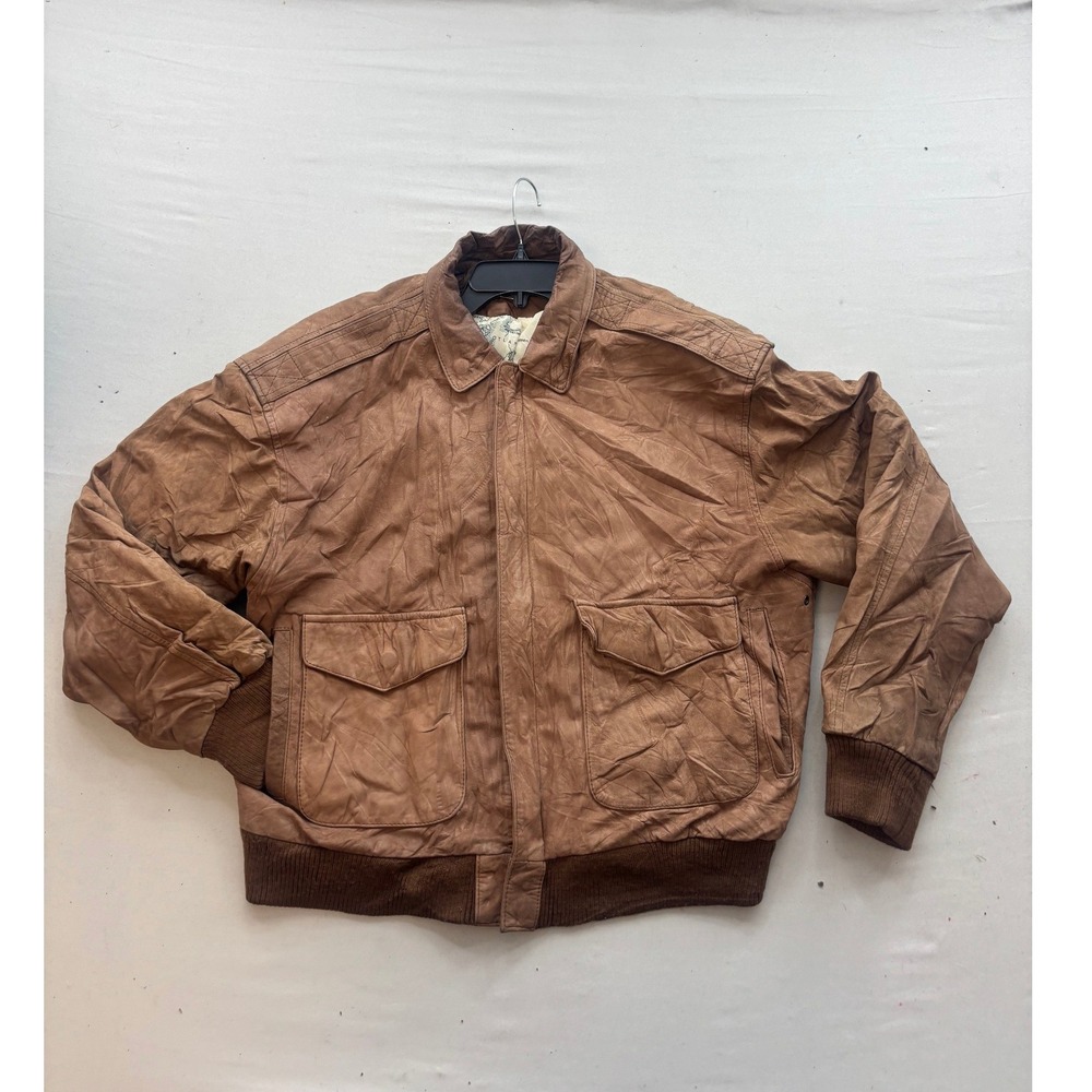 Rock Creek Vintage Brown Leather Bomber Jacket Map Lining Mens Medium